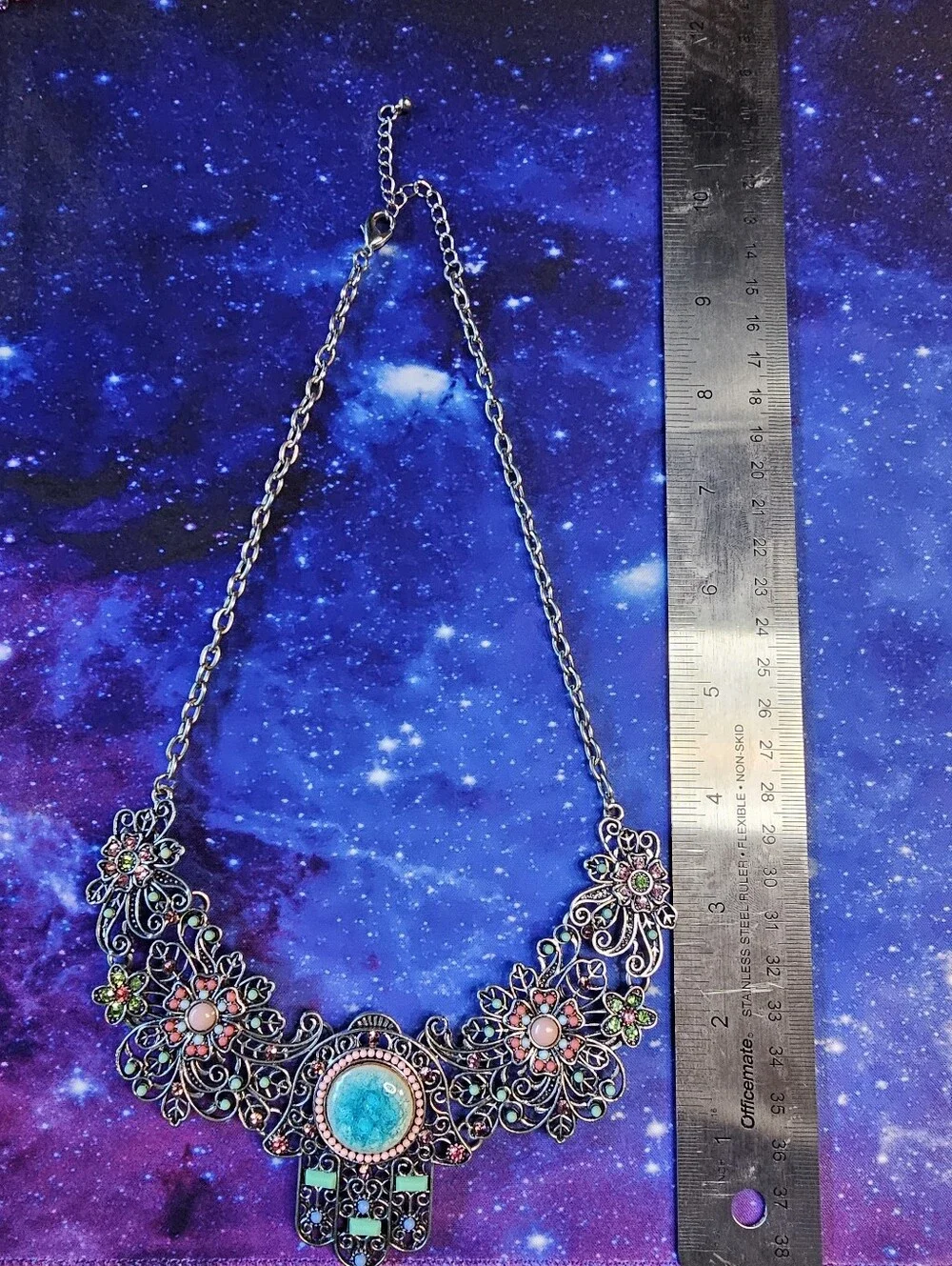 Hamsa Statement Necklace with Turquoise And Pink Accents